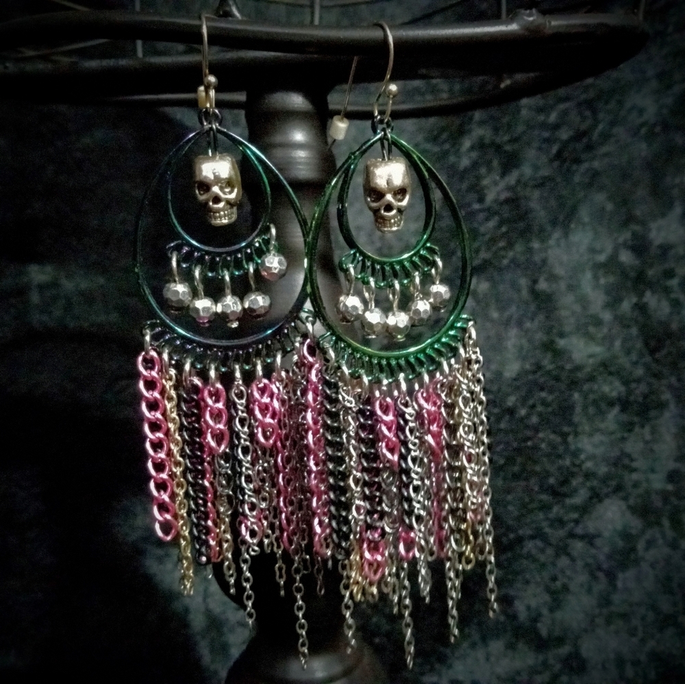 SOLD Sterling Silver Plt Skull Chandelier Earrings - Picture 1 of 9